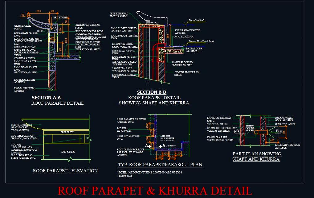 Parapet Wall DWG- Shaft, Khurra Details & Coping Design